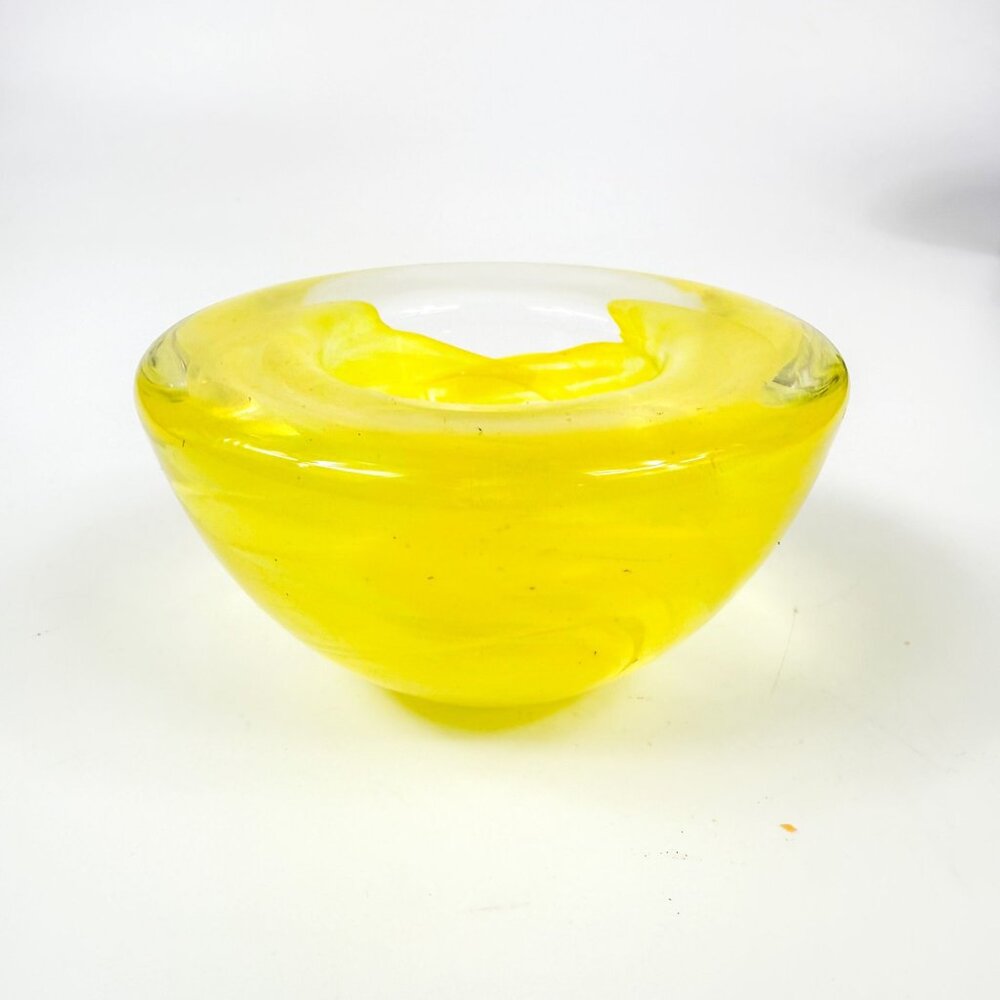 Kosta Boda Atoll Candleholder Tea Light Lemon Yellow Swirl Art Glass Sweden